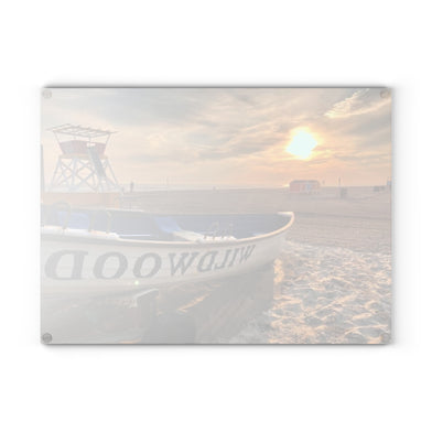 Wildwood NJ Beach Scene Glass Cutting Board, Coastal Kitchen Décor 11X15
