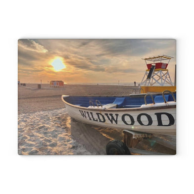 Wildwood NJ Beach Scene Glass Cutting Board, Coastal Kitchen Décor 11X15