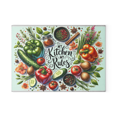 Floral Kitchen Glass Cutting Board - Perfect Gift for Chefs My Kitchen My Rules 8X11